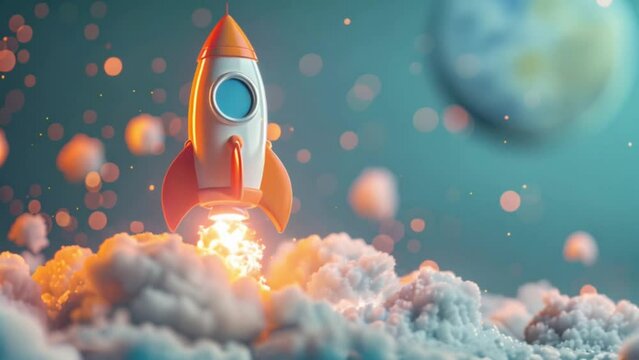 miniature 3d rocket emoji taking off and launching with flames and smoke with earth in background, stocks and crypto concept Generative AI 