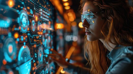 A futuristic workspace with employees collaborating on virtual projects using augmented reality tools