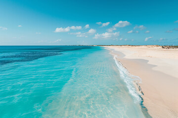 A scenic view of a pristine beach with clear blue waters and minimal human presence, promoting sustainable travel