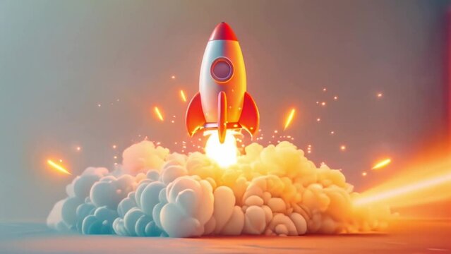 small 3d rocket emoji taking off and launching with flames and smoke, stocks and crypto concept Generative AI 