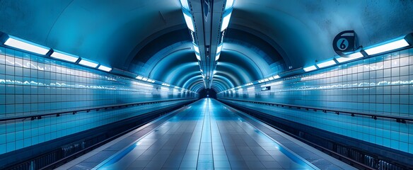 Long blue subway tunnel with bright lights and white tiles on the walls