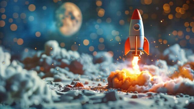 3d rocket emoji taking off and launching  with flames and smoke on the moon, investment stocks and crypto concept Generative AI 