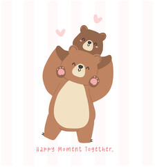 Fathers day bear happy baby on daddy shoulder walking together Heartwarming Cartoon Illustration