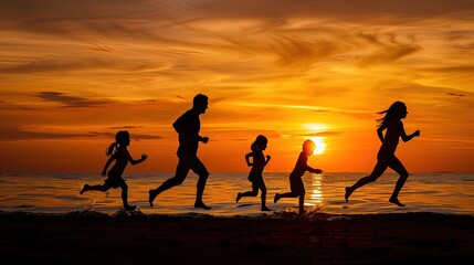 Fototapeta premium a happy family with three children runs along the coast of the sunset sea. happy family vacation at sea