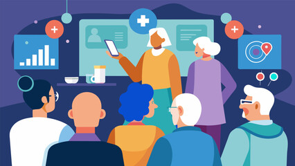 Attendees of the aging population seminar were given a glimpse into the future learning about advanced technologies and services that could benefit seniors.. Vector illustration