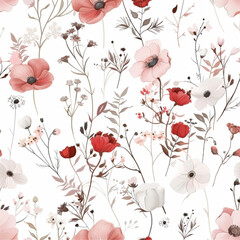 light pink and red and beige and white flowers with stems and leaves, beautifully combined with each other, a girlish pattern perfect for dresses and children's clothes. pure white background