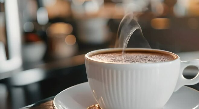 A cup of white coffee on the table with steam rising from the hot coffee, creating a warm atmosphere.