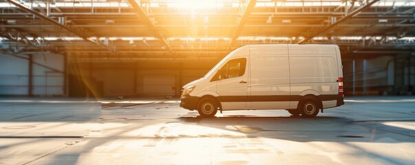 White minibus driving on city street with sunlight flare, conveying urban transport.