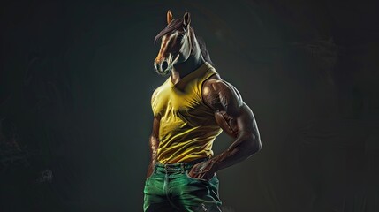 Anthropomorphic muscular horse wearing a yellow tank top and green pants in a dark environment. Digital art concept. Strength and power concept for design and print.