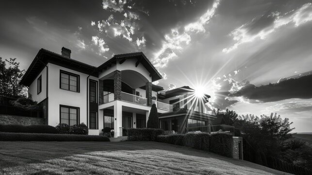 Fototapeta A black and white luxury home with a sunset. 