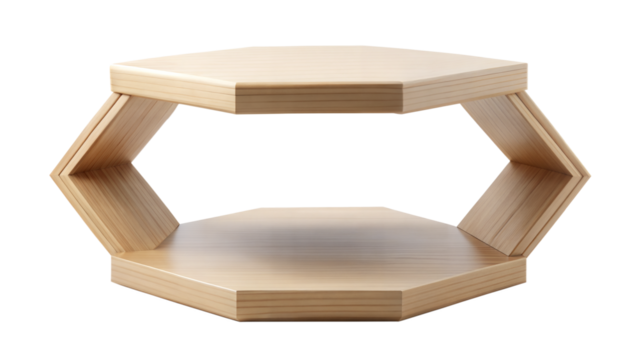 Hexagonal Wooden Display Stand: A hexagonal wooden display stand, adding a geometric and modern touch to product presentations, isolated on a white background.
