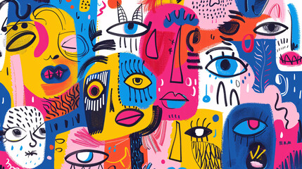 Bright and colorful abstract illustration of various hand-drawn characters on a white background