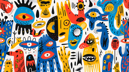 Fototapeta premium Bright and colorful abstract illustration of various hand-drawn characters on a white background