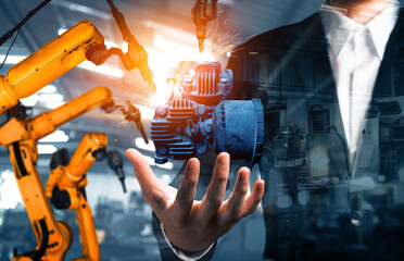 MLB Mechanized industry robot arm and factory worker double exposure. Concept of robotics...