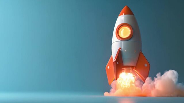 3d rocket emoji taking off and launching with flames and smoke with blue background Generative AI 