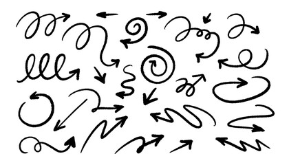 Various drawn curved arrows of different shapes isolated on white background. Vector design elements