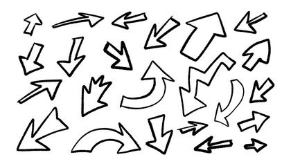 Set of not neatly drawn arrows in child or doodle style isolated on white background. Vector design elements.