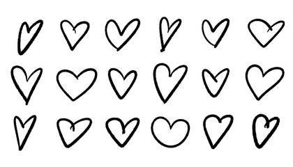 Set of cute doodle style drawn hearts isolated on white background. Line style design elements.