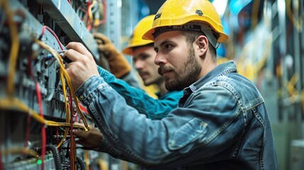 A group of technicians installing electrical systems in a new building