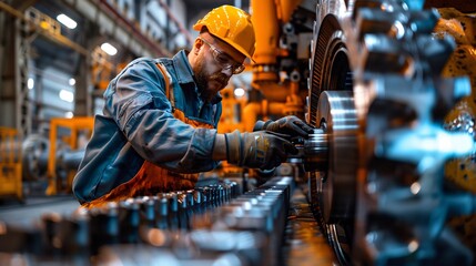 An industrial worker performing maintenance on a large machine