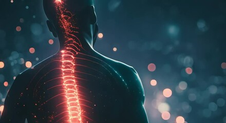 Visualization of spine health. Man having back pain with glowing spine image