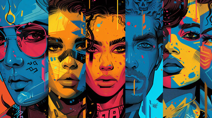 Obraz premium Cartoon-style collage of male and female characters in a vibrant color scheme