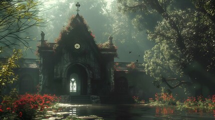Fototapeta premium Enchanting Abandoned Gothic Castle Shrouded in Misty Forest Landscape