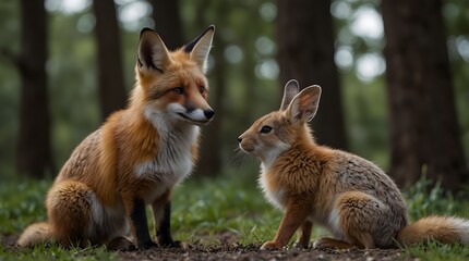 Obraz premium The friendship between an unlikely duo a fox and a rabbit ai_generated