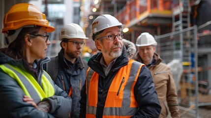 A group of engineers wearing hard hats and safety vests, discussing plans at a construction site