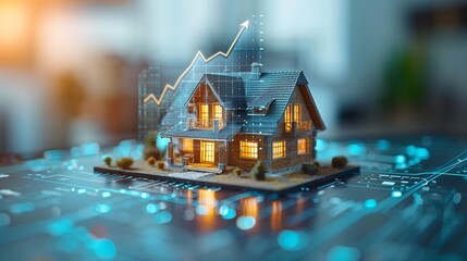 Conceptual Real Estate Investment: Miniature House Model, Holographic Rising Graph, and Futuristic Holographic Floor.