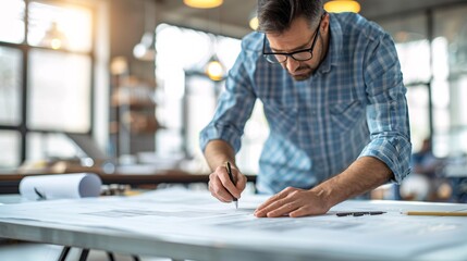 A male architect sketching building designs on a large drafting table