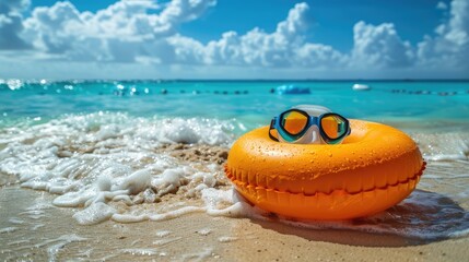Obraz premium Bright Orange Float and Goggles on Tropical Beach with Crystal Clear Water and White Sand