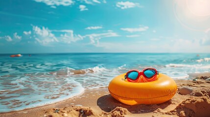 Obraz premium Vibrant Beach Scene with Sunglasses on Inflatable Ring at Seashore