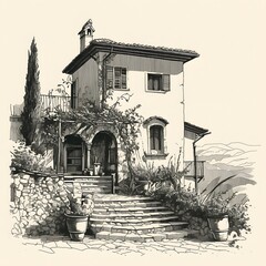 House portrait sketch.  Rural Italian villa in ink hand drawn vintage style. Black and white illustration isolated on white. 