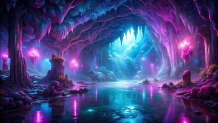Bioluminescent underwater cave with pink and purple glow, perfect for fantasy role playing games