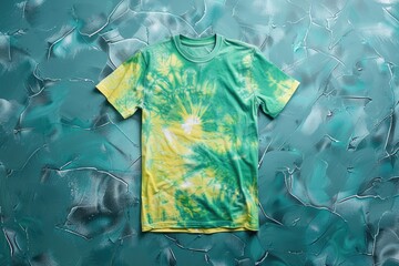 Vibrant Green and Yellow Tie-Dye T-Shirt on Artistic Teal Textured Background