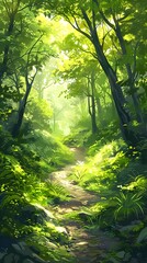 Fototapeta premium Tranquil Nature Trail Winding Through Lush Verdant Forest with Dappled Sunlight