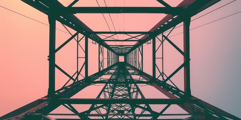 A photograph of a transmission tower captured from a low angle, with a gradient sky background and plenty of space for overlaying text