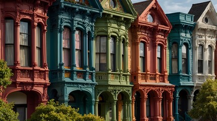 A poem celebrating the kaleidoscope of colors adorning a row of Victorian-style homes on a picturesque city block ai_generated