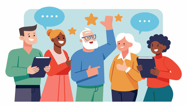 A group of seniors excitedly share feedback and constructive criticism during a workshop critique session helping each other improve their films.. Vector illustration