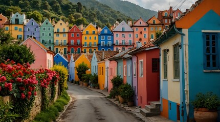 Fototapeta premium A quaint village street lined with charming houses painted in every hue of the rainbow ai_generated