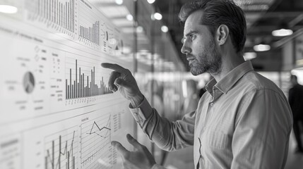 A business strategy meeting with professionals discussing detailed charts and graphs on a large interactive whiteboard