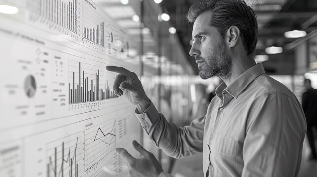 A business strategy meeting with professionals discussing detailed charts and graphs on a large interactive whiteboard