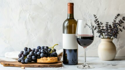Obraz premium A Bottle Of Red Wine, A Glass Of Red Wine, And A Bunch Of Grapes On A Wooden Table.