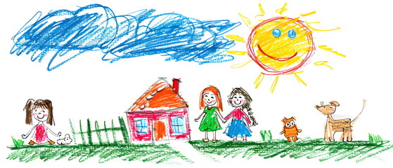 Naive children's drawing with colored chalk on white paper, made by hand by a child, family and a house with adorable pets, isolated on white background