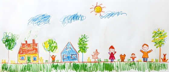 Obraz premium Naive children's drawing with colored chalk on white paper, made by hand by a child, family and a house with adorable pets, isolated on white background