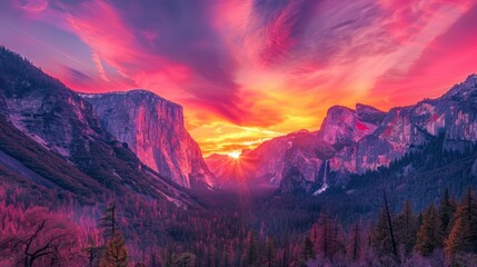Yosemite National Park At Sunset. The Setting Sun Casts A Pink And Purple Glow On The Valley And The Granite Cliffs.
