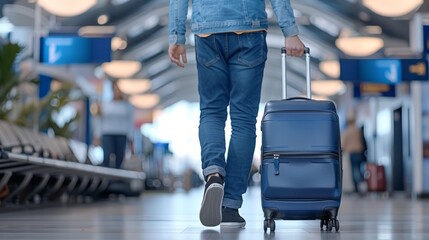 Businessman In Casual Clothes Walking Through The Airport And Pulling His Suitcase Behind Him - Powered by Adobe