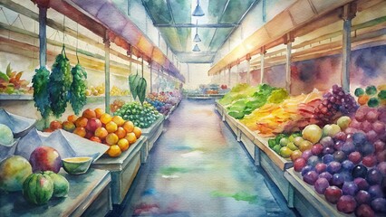 Watercolor of a grocery store aisle filled with colorful fruits, vegetables, and products