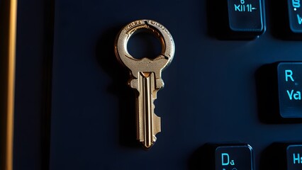 A key on a dark blue IT computer digital background, representing internet technology, information security, and web access. Generative Ai